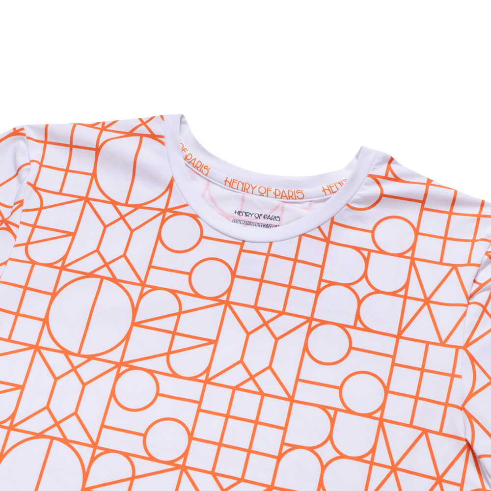 L’essence Pure white t-shirt with orange pattern Henry of Paris