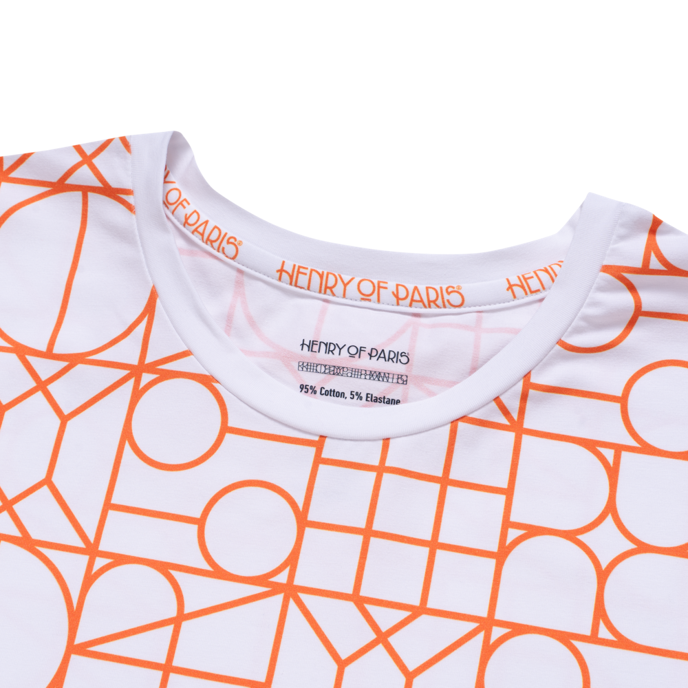 L’essence Pure white t-shirt with orange pattern Henry of Paris