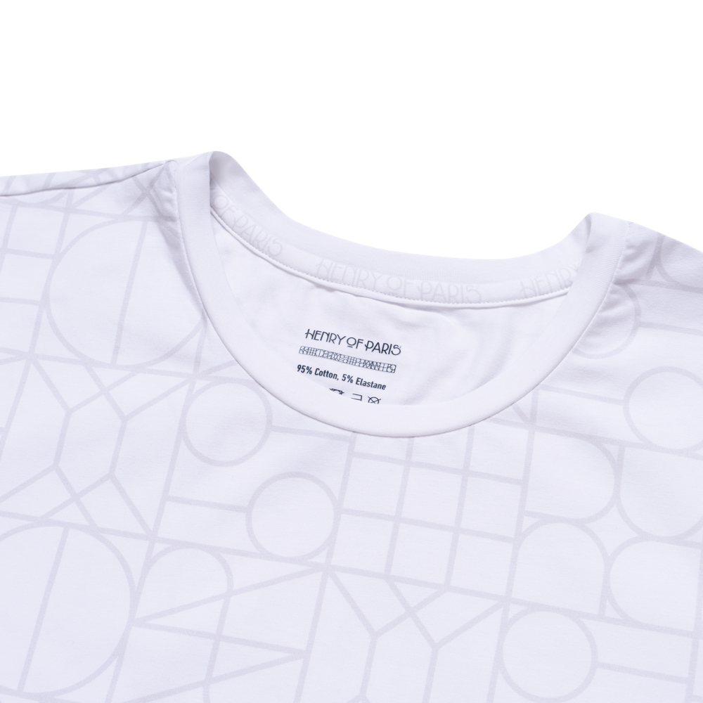 L’essence Pure white t-shirt with grey pattern Henry of Paris