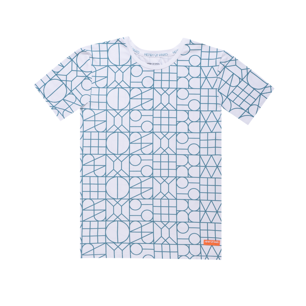 L’essence Pure white t-shirt with blue pattern Henry of Paris